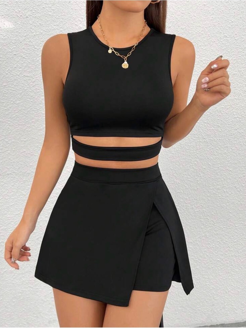 Xl 0xl plus size black two piece cut out top skort set